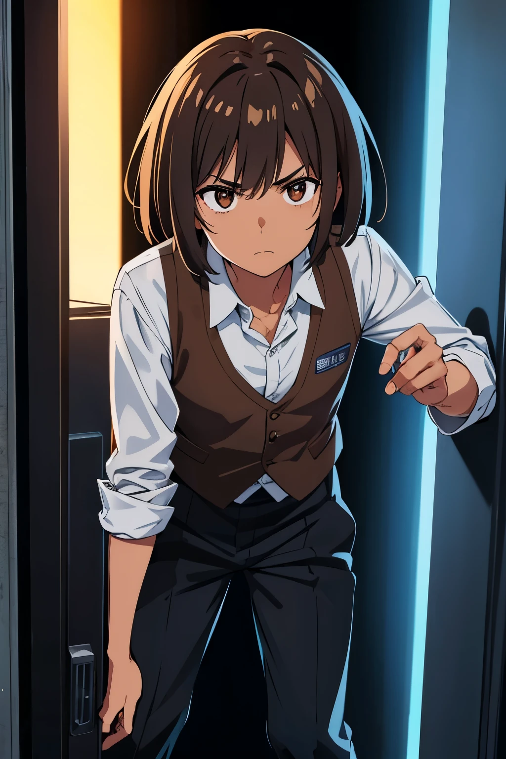 A Certain Scientific Railgun manga style, medium close-up shot of tall adult male with slightly darker skin, meek appearance, brown hair with signs of aging, hair is styled with its bangs parted at the front, dark brown shirt with its sleeves rolled up, a waistcoat, formal pants and boots, hardened facial expression, tapping the sonic screwdriver against forehead, looks away from viewer, Police Phone booth with electrical aura in black space background, 4k, high resolution