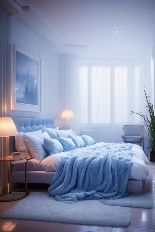 a dreamy apartment, white interior, blue hour, misty, foggy, hazy, wide shot, 80s aesthetic, detailed lighting, soft textures, pastel colors, cinematic atmosphere, photorealistic, 4k, high resolution, masterpiece, icy cold, outdoor misty forest scenery, luxury bedroom with fluffy bedding