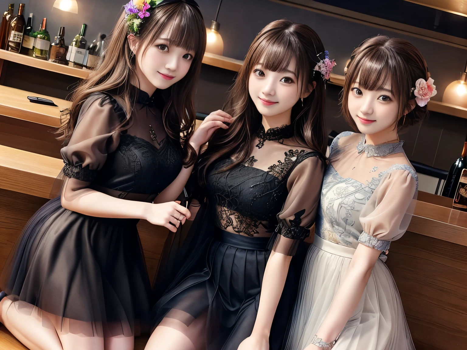 A close-up photo of three Japanese high-school girls, Hair tied up, Bangs down, (Double eyelids), (((All looking at the viewer))), (All smiling), Highest Resolution, masterpiece, (All wearing long-sleeve turtle-neck sheer lacy bridesmaid dress), ((All lifting up dress, and exposing panties and naval)), (All wearing earrings), ((Sweating shiny skin)), (All shy)