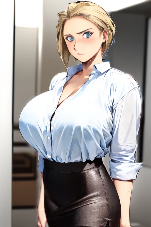 8k, super detail, best quality,  for men watching pussy、Masseter region、Realistic、,(((tamuramutsumi))), ultra high resolution、(Huge 、 pretty big breasts、 toned body:1.3)(Always an office lady、Wet white shirt、I have to wear a grey tight skirt and a jacket.、High rise office building:1.3),(((Blonde、Very short hair、:1.3))), black stilettos, ( Tanned Brown Skin:1.4)、(((Obscenely large breasts:1.5))),