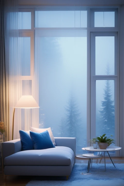 a dreamy apartment, white interior, blue hour, misty, foggy, hazy, wide shot, 80s aesthetic, detailed lighting, soft textures, pastel colors, cinematic atmosphere, photorealistic, 4k, high resolution, masterpiece, icy cold, outdoor misty forest scenery, luxury living room with cozy soft sofa