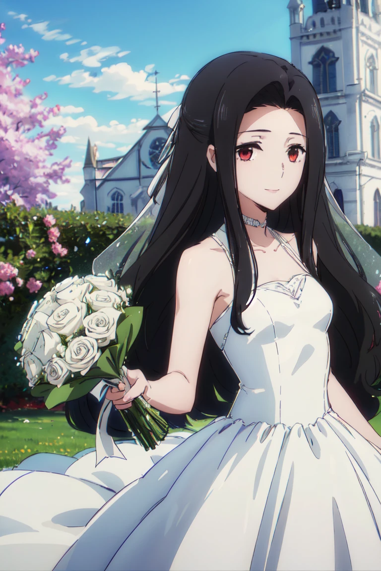  ( high resolution:1.4), (masterpiece:1.2), ( high quality:1.3)  1 girl,, Long Hair,  Black Hair , Small breasts, white crystal clear wedding dress, holding a bouquet with both hands ,Draw the pattern on the dress in detail , long hem wedding dress ,In front of the church,Draw the whole body,A dress with a plunging chest,一人でIn front of the churchに立っている,Smiling a little,Staring,Mayumi Saegusa,Mayumi Saegusa