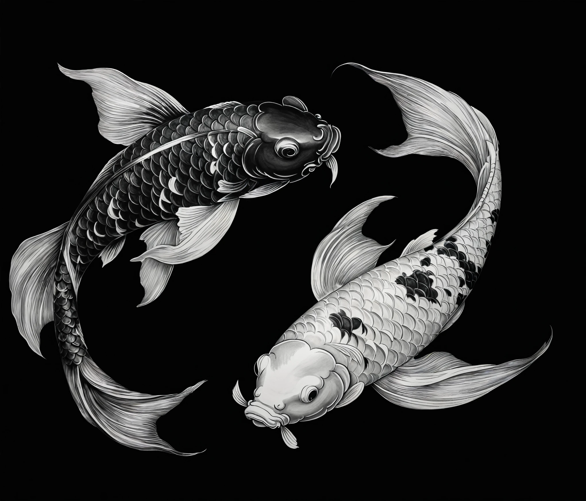 Tattoo design of two koi fish in black and white ink, arranged in a yin-yang style for balance and harmony. The koi are detailed with fine scales and flowing fins, creating a sense of movement and fluidity. Use high contrast black and white shading to emphasize each fish, with one koi dark and the other light, symbolizing duality. The background is simple or blank, keeping focus on the koi fish. Elegant, minimalist, and harmonious, with a traditional Japanese tattoo style