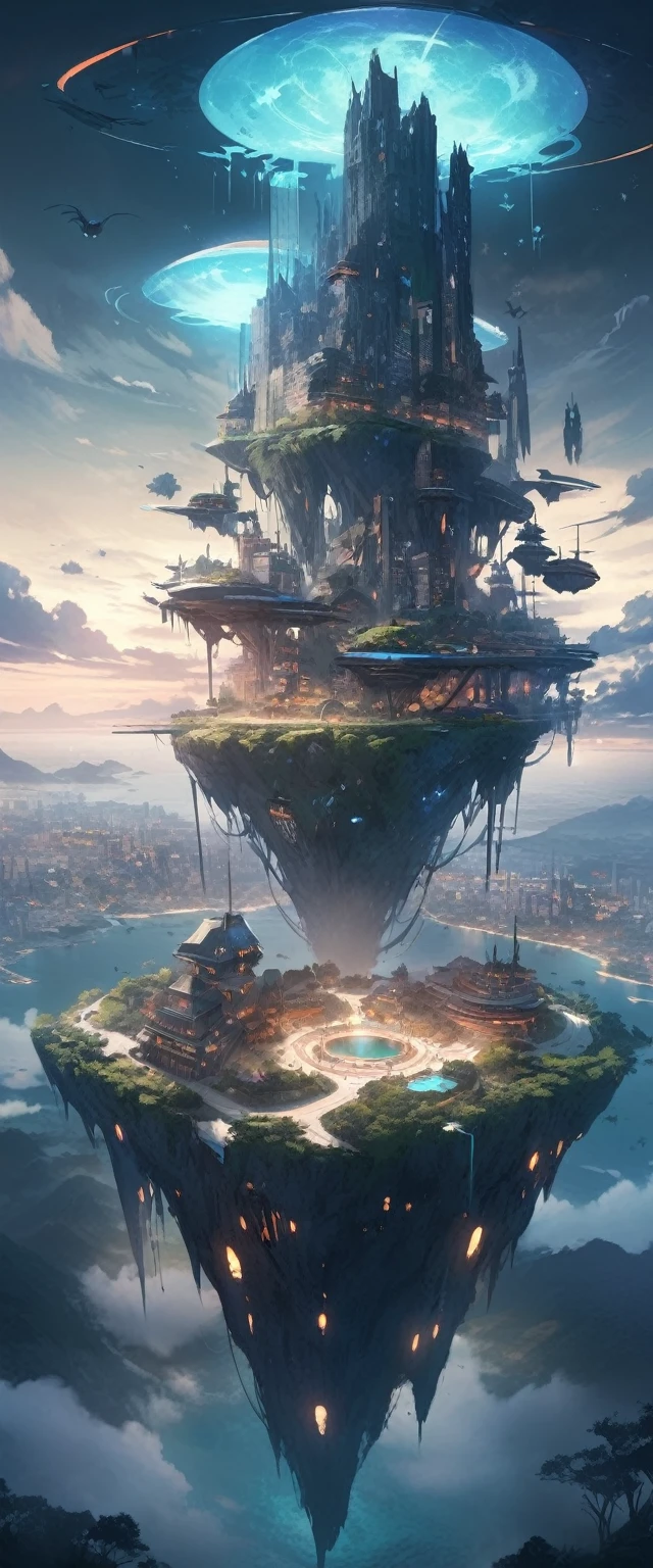 spooky, A futuristic island floating in the air, city,  Fantasy, (Bad guy&#39;Retreat), (cute), cute, cute,  anime style, technology, dark,  funny,  Magical Plant Growth  , extreme details, Realistic lighting , Blue Sky,  EPIC COMPOSITION  , (  complicated details), ( Complex design ,  ultra detail  : 1.2),  Art Station 