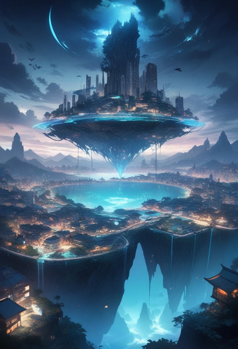 spooky, A futuristic island floating in the air, city,  Fantasy, (Bad guy&#39;Retreat), (cute), cute, cute,  anime style, technology, dark,  funny,  Magical Plant Growth  , extreme details, Realistic lighting , Blue Sky,  EPIC COMPOSITION  , (  complicated details), ( Complex design ,  ultra detail  : 1.2),  Art Station 