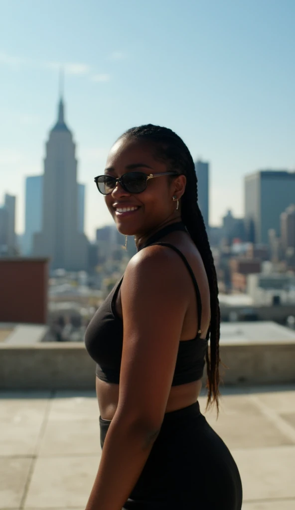 ((full body)) fit busty black woman, standing in wearing hrbkbc1sgv, sharp focus, rooftop background,braided hair,hyperdetailed textures,sunglasses,enamored smile,sunshine,blue sky