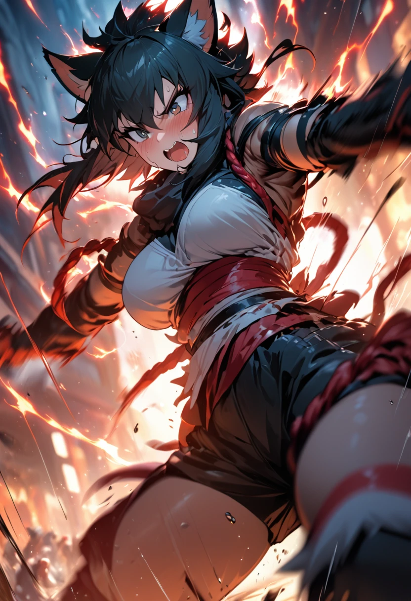 female、Best Quality,  High Quality Illustration ((masterpiece)) depth of field , motion blur, Absurd,  perfect anatomy,  Stunning photos of kemono waging a fierce battle, kemono, One person,  solo focus,  anthro ((dramatic))amazing, arms,  DYNAMIC POSE ,  a scene from the movie, dynamic angle 、An amazing aura in a fist、 Flowing sweat、