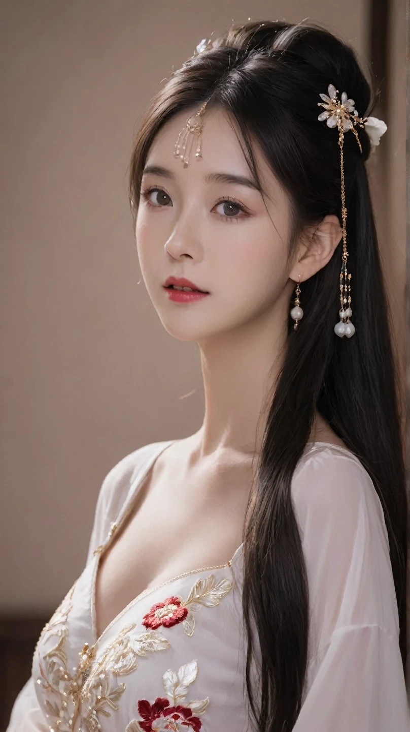 
 Best Quality ， masterpiece， Beautiful face， 1 Girl， Long_hair， solo，  upper body_Body， Porcelain Dress， straight dress ，Hair accessories， Choker necklace ， Jewel-like， 长Long白色hair， Earrings and Nipple Rings，  detailed Chinese costume , 8k resolution,超高分辨率,[ A young girl , A cute girl，短而详细的hair，Hair Bun，Lipstick，Tassel Earrings，Black clear eyes，流畅hair,clavicle,  exquisite and perfect facial features  ,  Most Beautiful Big Eyes ,Long eyelashes, Sweet eyes还有躺着的蚕儿,Smile， dynamic angle, Very high picture quality,Highest precision, precise and perfect human anatomy ，(((Antique black cheongsam  ，crimson embroidery)))，((sit))，Warm scene，超高分辨率， ultra-clear retro black flowing long hair ，Delicate and good）By Bangs，（Long flowing hair， delicate earring earrings :1.3）），精致的clavicle，Beautiful makeup，  exquisite and perfect facial features  ，， Big watery eyes ，Eye bags，Long eyelashes，Sweet eyes， eyeshadow ，Slim waist，Don't show your hands，，Lipstick，Blush Blush， delicate earring earrings ，Pearl Necklace