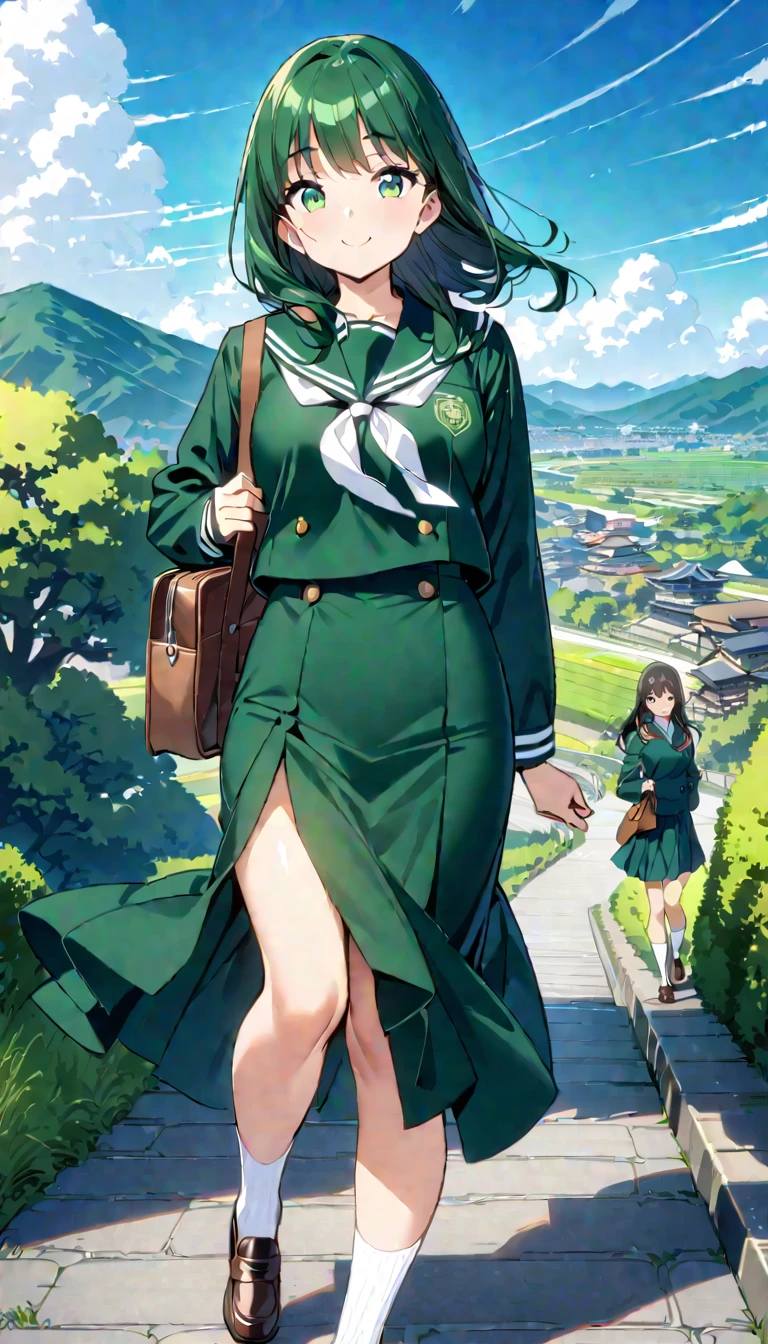  Japanese anime style holding headphones  、Human Girl、1 person、1 person、 smaller、 glamorous body 、curve、cute、smile、 In sockeld  、  beautiful emerald green eyes  、black winter sailor suit  、  white socks and loafers  、  walks with a student bag in her right hand、 Japanese Landscape、School route