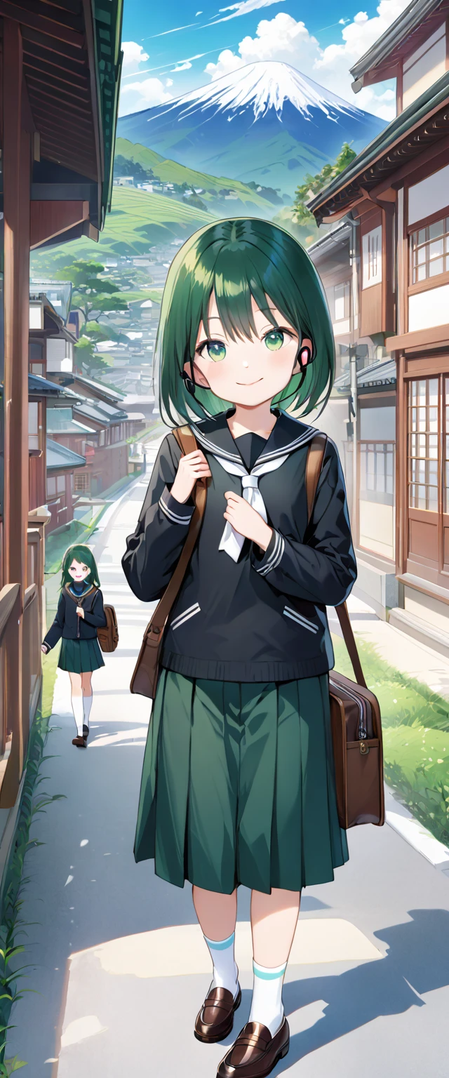  Japanese anime style holding headphones  、Human Girl、1 person、1 person、 smaller、 glamorous body 、curve、cute、smile、 In sockeld  、  beautiful emerald green eyes  、black winter sailor suit  、  white socks and loafers  、  walks with a student bag in her right hand、 Japanese Landscape、School route