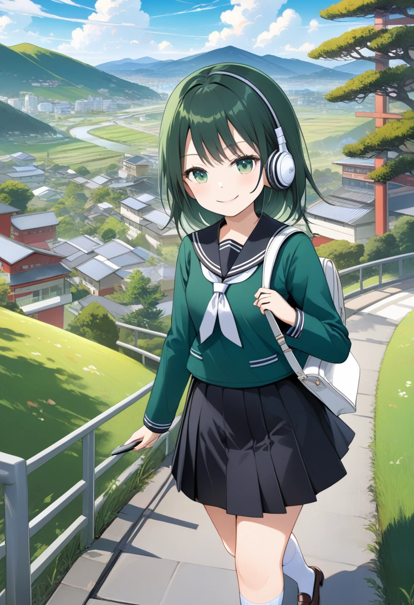  Japanese anime style holding headphones  、Human Girl、1 person、1 person、 smaller、 glamorous body 、curve、cute、smile、 In sockeld  、  beautiful emerald green eyes  、black winter sailor suit  、  white socks and loafers  、  walks with a student bag in her right hand、 Japanese Landscape、School route