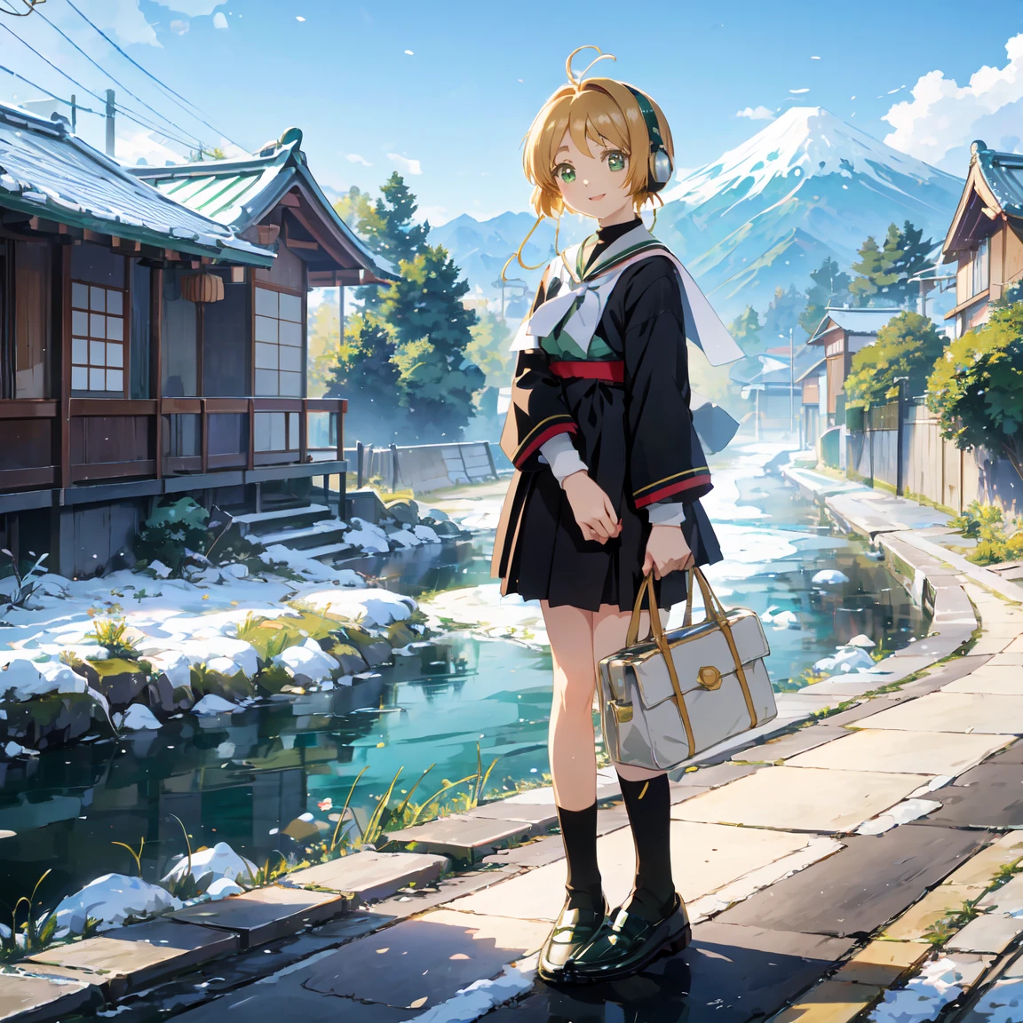  Japanese anime style holding headphones  、Human Girl、1 person、1 person、 smaller、 glamorous body 、curve、cute、smile、 In sockeld  、  beautiful emerald green eyes  、black winter sailor suit  、  white socks and loafers  、  walks with a student bag in her right hand、 Japanese Landscape、School route