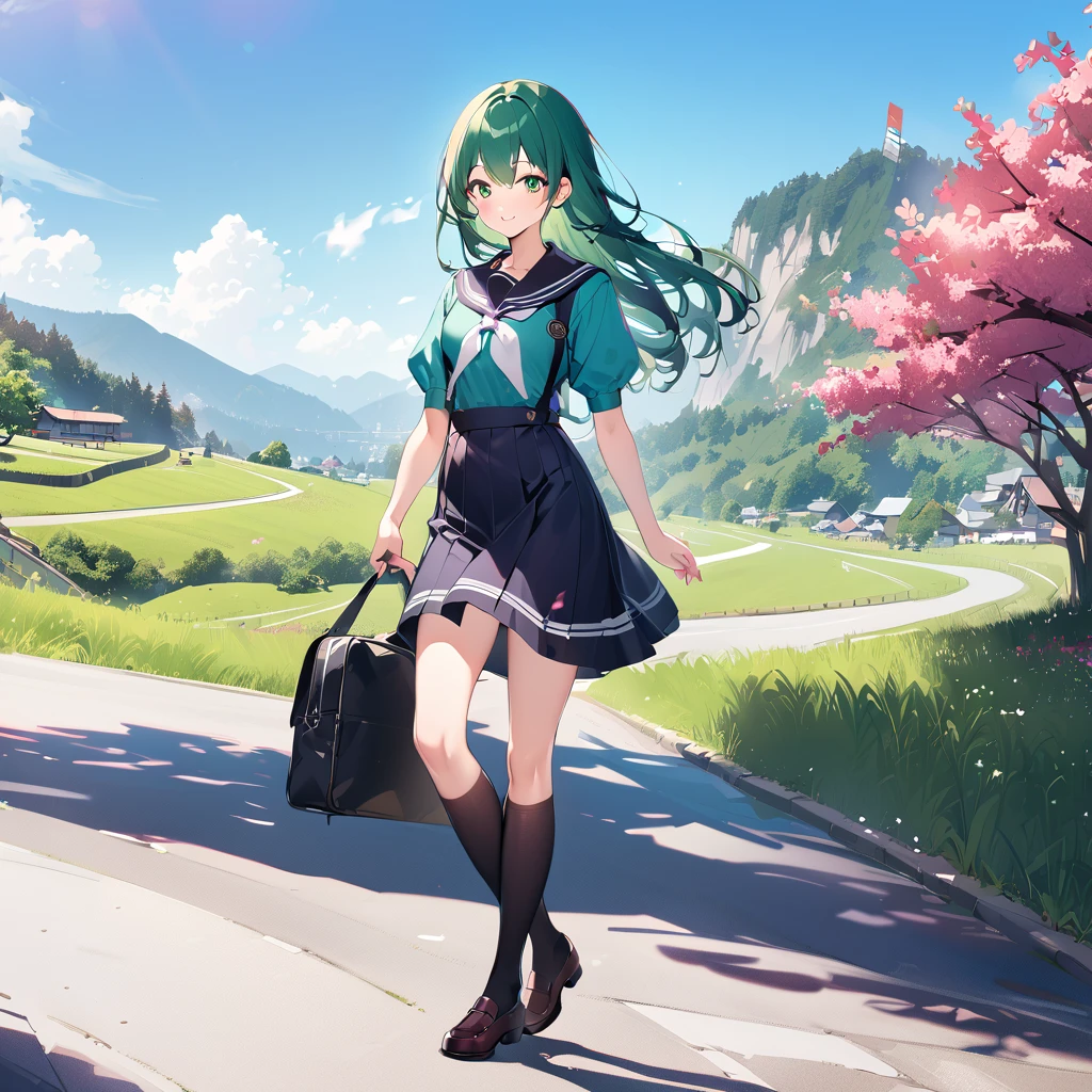  Japanese anime style holding headphones  、Human Girl、1 person、1 person、 smaller、 glamorous body 、curve、cute、smile、 In sockeld  、  beautiful emerald green eyes  、black winter sailor suit  、  white socks and loafers  、  walks with a student bag in her right hand、 Japanese Landscape、School route