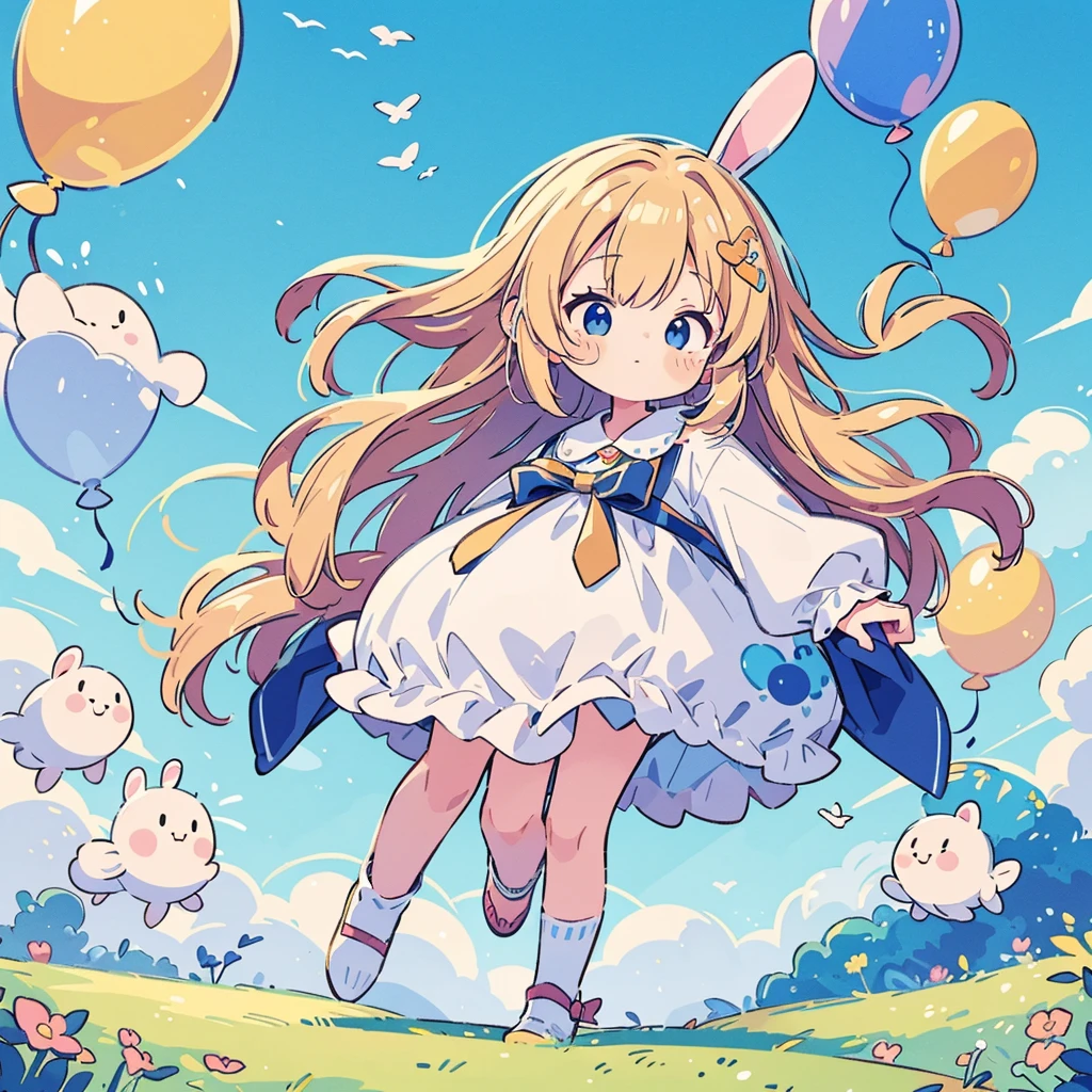 Best Quality、masterpiece、Official Art、16k、Super detailed、 so beautiful、Ultra-fine、little、cute、Fly through the blue sky with lots of balloons 、Rabbit costume、 a soft and gentle world of pastel colors、Anime