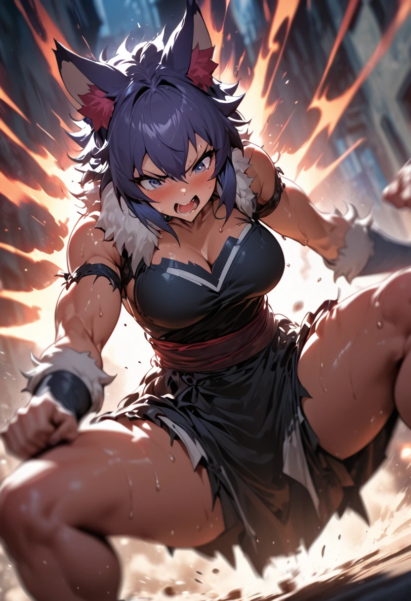 female、Best Quality,  High Quality Illustration ((masterpiece)) depth of field , motion blur, Absurd,  perfect anatomy,  Stunning photos of kemono waging a fierce battle, kemono, One person,  solo focus,  anthro ((dramatic))amazing, arms,  DYNAMIC POSE ,  a scene from the movie, dynamic angle 、An amazing aura in a fist、 Flowing sweat、