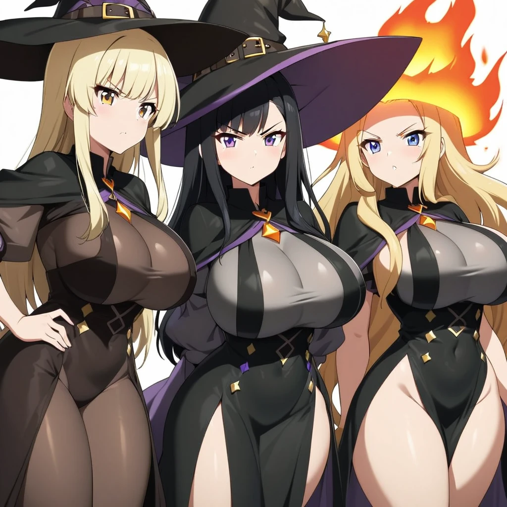 Anime, 3 girls, long hair, Blondies, curvy body, big breasts, posing together, Wearing pop witch's clothes, witch's hat, serious (( nonchalant)), flame aura