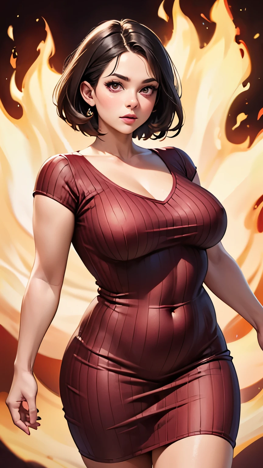 Aunt, cropped hair, short hair, pink eyes, well-built, volume, plump, fire, stream, after, paradigm, plump, fleshy, standing on bent knees, red background, realistic illustration, manga style, red ribbed dress