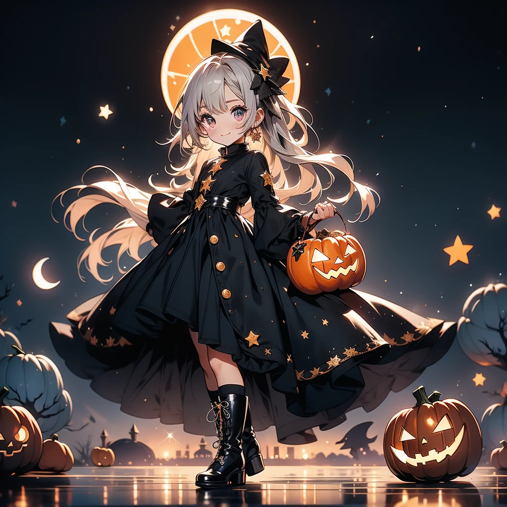 Chibi、cutestarの妖精、cute、（ beautiful eyes、Detailed eyes）、（ best detail 、The best configuration、 perfect anatomy）、Full body front、Front、 facing the viewer、 one girl playing pranks, highest quality、masterpiece、official art、Super detailed、 so beautiful、Pumpkin Fairy、Gray Hair、 straight long hair、milky way、Universe、star charm、star、baby face、 long boots for stepping on bread, magic circle、houndstooth、smile、Magenta Neon Light、Hope and expectation、 trick or treat、 Halloween 、🎃、 Halloween の衣装、 Orange and Black Goth Outfit 、star、流star群、universe、 neon light enhances cuteness、dynamic、