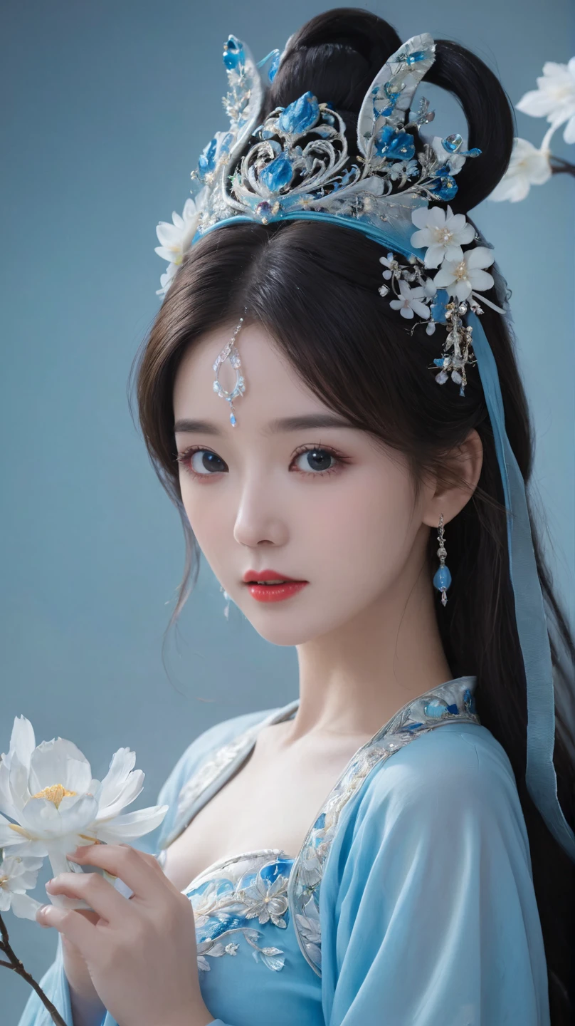 A girl in a blue dress，Close-up of a woman ，Wearing flowers on the head, (( Beautiful fantasy queen )),  Beautiful digital illustrations ,  Beautiful fantasy queen , Inspired by Qiu Ying, palace ， Girl wearing Hanfu, Inspired by Huang Ji, Beautiful young wind spirit  , xianxia fantasy,  inspired by Ma Yuyuan , Inspired by Lan Ying