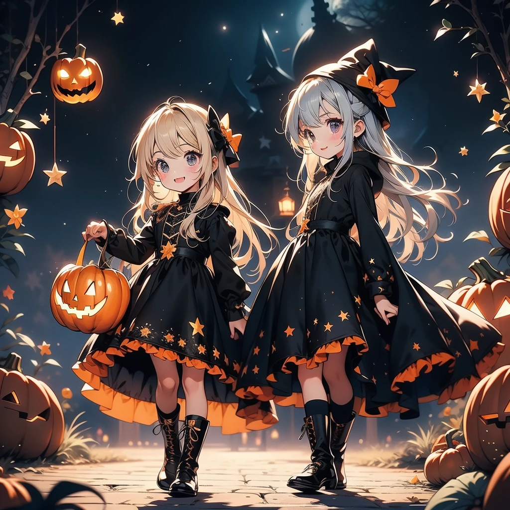 Chibi、cutestarの妖精、cute、（ beautiful eyes、Detailed eyes）、（ best detail 、The best configuration、 perfect anatomy）、Full body front、Front、 facing the viewer、 one girl playing pranks, highest quality、masterpiece、official art、Super detailed、 so beautiful、Pumpkin Fairy、Gray Hair、 straight long hair、milky way、Universe、star charm、star、baby face、 long boots for stepping on bread, magic circle、houndstooth、smile、Magenta Neon Light、Hope and expectation、 trick or treat、 Halloween 、🎃、 Halloween の衣装、 Orange and Black Goth Outfit 、star、流star群、universe、 neon light enhances cuteness、dynamic、