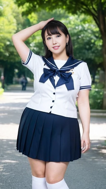 Yuka, Japanese mature, white skin,(plump body,Large Breasts, plump thighs:1.5),( Japanese High School Student Uniforms ,earrings,Sailor uniform, ultra short micro howing very thick pubic hair,Short socks, loafers:1.2),( standing in the park, take a picture of the whole body from toe to head,full body,standing:1.2),looking at viewer,smile, surrealism, depth of field, from below, Sony FE, 8k, arms up