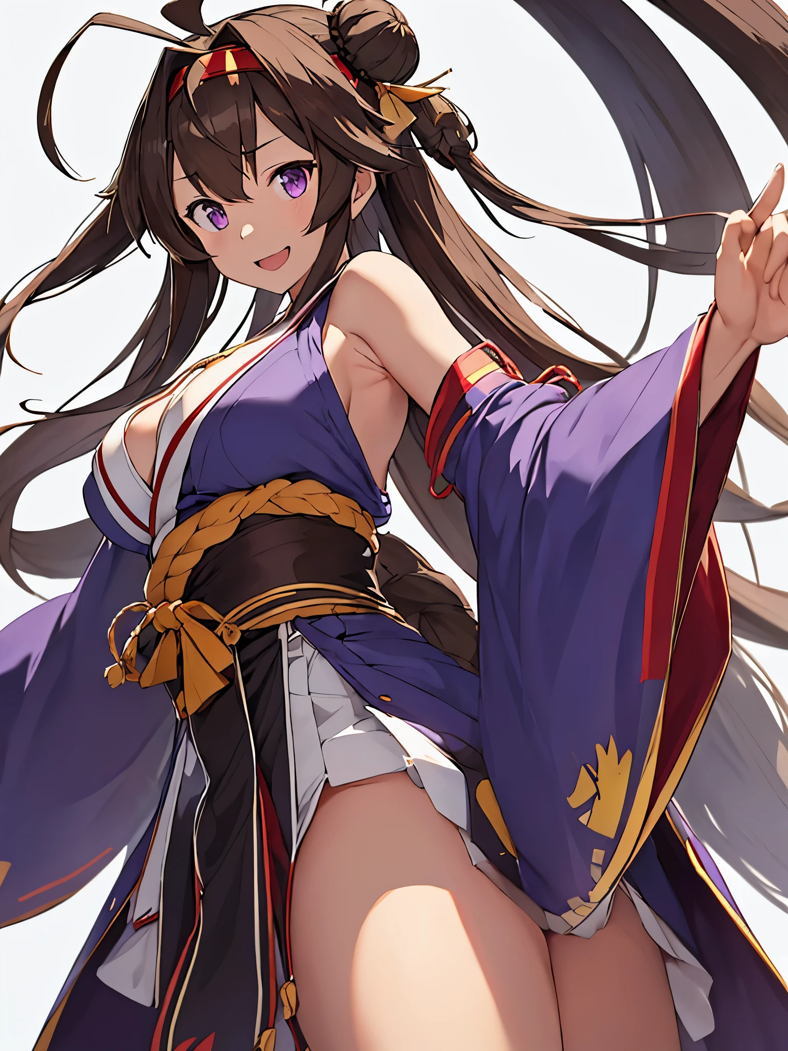  show me her armpits, cleavage,Kantai Collection,King Kong, Double Bang,Ahoge, 1 girl, Alone, Long Hair, King Kongu (Kantai Collection), Brown Hair,  Double Bang,  purple eyes,  bun hair, Ahoge, Open your mouth,  non-traditional shrine maiden,  sleeve removed,  Brown Eyes , White background,   headgear ,  headband , smile, Ribbon trimの袖,  simple background, kimono, Ribbon trim,  watching the viewer ,  username,  upper body, Wide sleeves, :d, King Kong,Beautiful older sister,Exquisite breasts,Oh, so cute,Leading the Admiral Lovers,