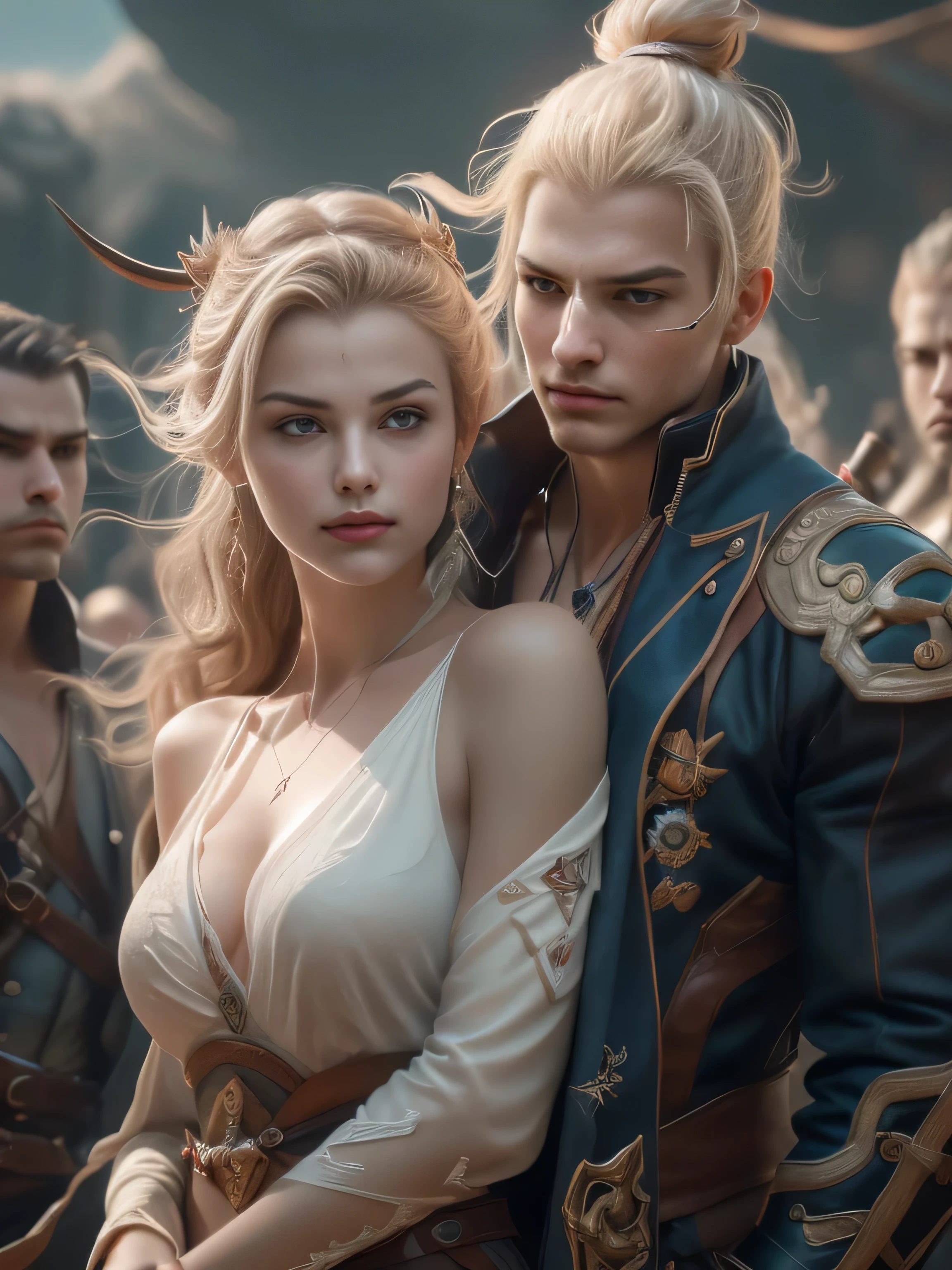 (Best Quality, Super Detail, Masterpiece, Representative Work, Official Art, Professional, Super Fine Detail, 8k:1.3), (Photorealism:1.2), (Couple, Beautiful Girl and Boy), Pirate beauty and handsome man Pirate, Handsome guy hugs beautiful girl from behind, Jolly Roger in the Sky, British Coat of Arms on the Body, Sawed-Off Shotguns, A Crowd of Thugs. They Are Not Afraid of Death, Nimble as Hell, And Stoned with a Plan, The Captain's Pride, (Correct Proportions, Perfect Face, Perfect Eyes, Perfect Hands, Sweet Atmosphere, Photorealistic, Sharp Focus, Dreamy Atmosphere, Delicate Details, Soft Volumetric Light), (Backlight:1.3), (Cinematic:1.2), Intricate Details, (ArtStation:1.3)