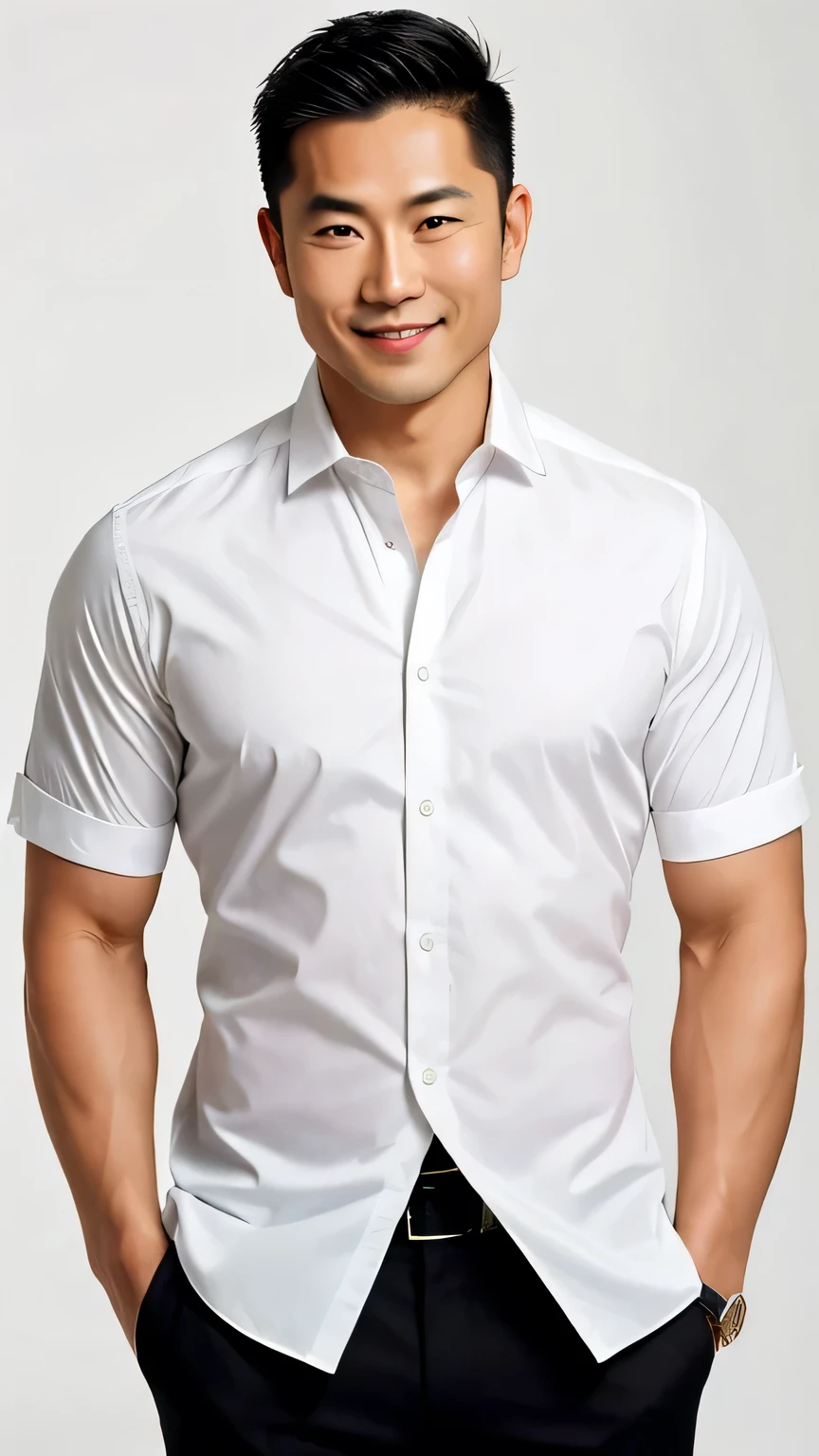 A photo of a fit, muscular 35-year-old Asian man with a clean-shaven face, facing the camera with a bright and energetic expression. He is wearing a plain white formal button-down shirt against a bright, plain background. The image captures his head, arms, and waist, showcasing a clean, short black hairstyle with a low fade. His lips are closed, showing no teeth
