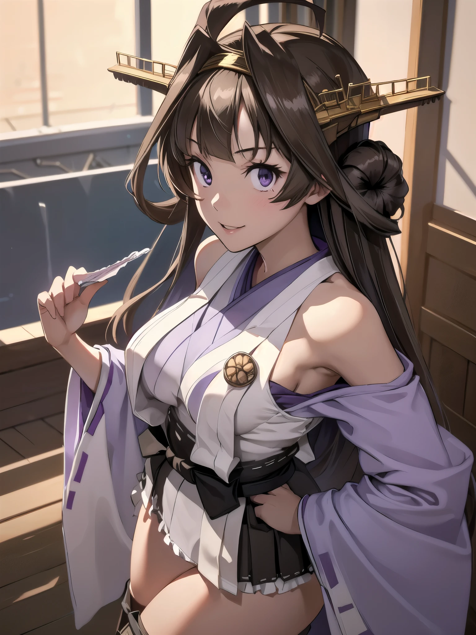  show me her armpits,Warship King Kong, black, Ahoge, Brown Hair, Double good, Hair Bun, Hair Bunド,   headgear , Long Hair, ( purple eyes:1.1), 
Breaking Boots,   detachable sleeve , kimono,  non-traditional shrine maiden, Ribbon trim,  Ribbed Sleeves,  thigh high boots,  wide sleeve,
 Viewers, smile, , whole body,Standing Break Living, Office Room, Break the lower body (masterpiece:1.2), Best Quality,  high resolution,  Unity 8k wallpaper, (shape:0.8), (beautiful details:1.6),  high definition face,  Full Photo, High-definition CG, (Perfect hands,  perfect anatomy),( panties) (( fancy underwear)) In underwear,  skirt flip,