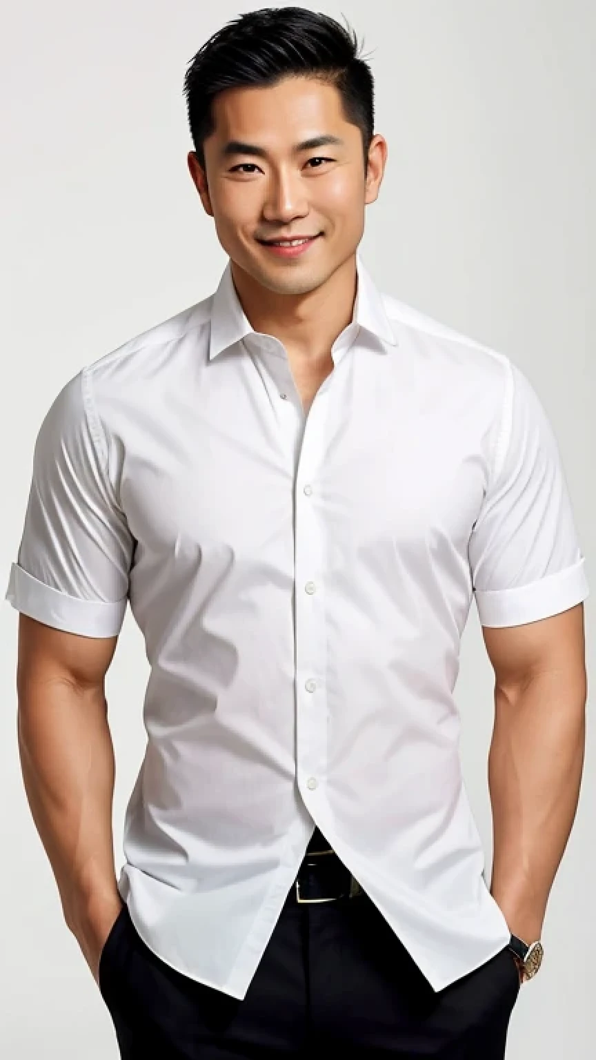 A photo of a fit, muscular 35-year-old Asian man with a clean-shaven face, facing the camera with a bright and energetic expression. He is wearing a plain white formal button-down shirt against a bright, plain background. The image captures his head, arms, and waist, showcasing a clean, short black hairstyle with a low fade. His lips are closed, showing no teeth