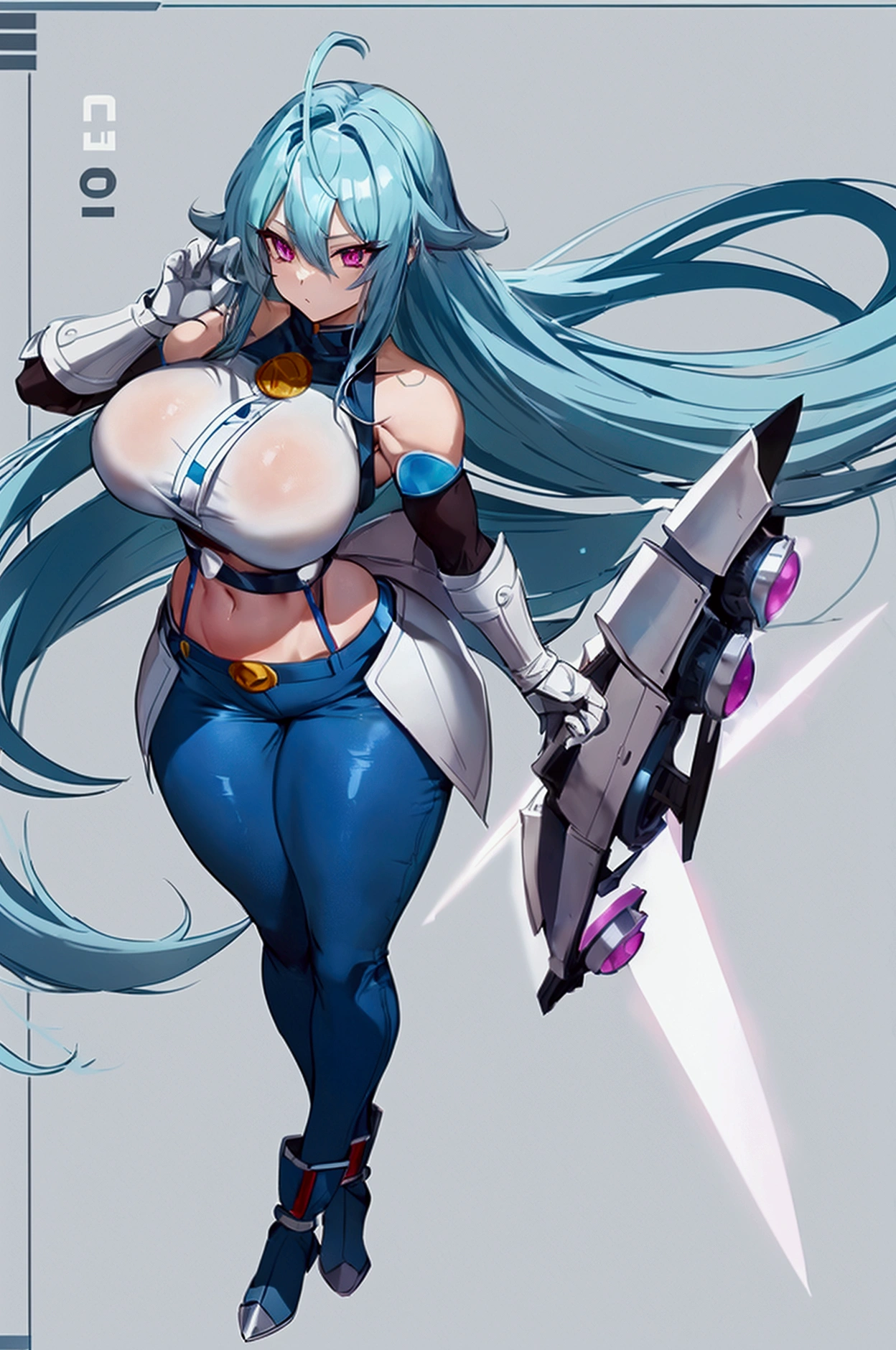  Create a Saiyan woman with long straight light blue hair ,  she has light blue pupils and armor that leaves her muscular belly exposed, She has big breasts,  and dark blue pants cover her slightly muscular thighs ,  her boots are white and she also has white gloves ,  make a brown tail tied around your waist like a belt , Do her in a superior and more powerful pose  