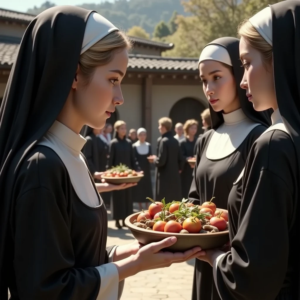  Beautifully detailed eyes 々 People in trouble outside the abbey 、Extremely detailed顔と目、Nun&#39;s attire、People standing in line to receive food々、Nuns handing out meals in the monastery courtyard 、 warm lighting 、 photorealistic 、8k、Extremely detailed、 cinematic composition、 Dramatic Lighting 、 Extremely detailed faces and eyes 、Natural texture、Facial Variations、