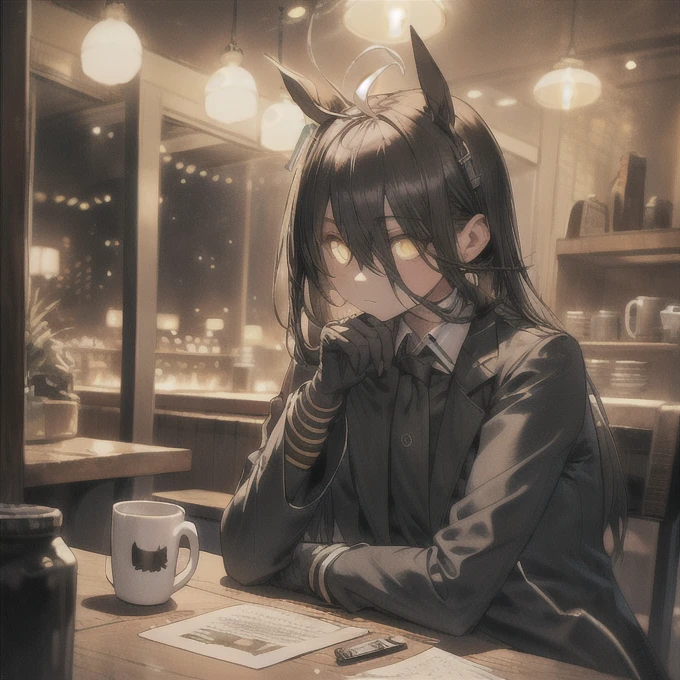 a man sitting alone in a manhattan cafe, expressionless, ahoge, black jacket, shirt, tie, black gloves, skirt, pantyhose, single earring, coffee mug, cinematic lighting, moody atmosphere, photorealistic, highly detailed, 8k, masterpiece