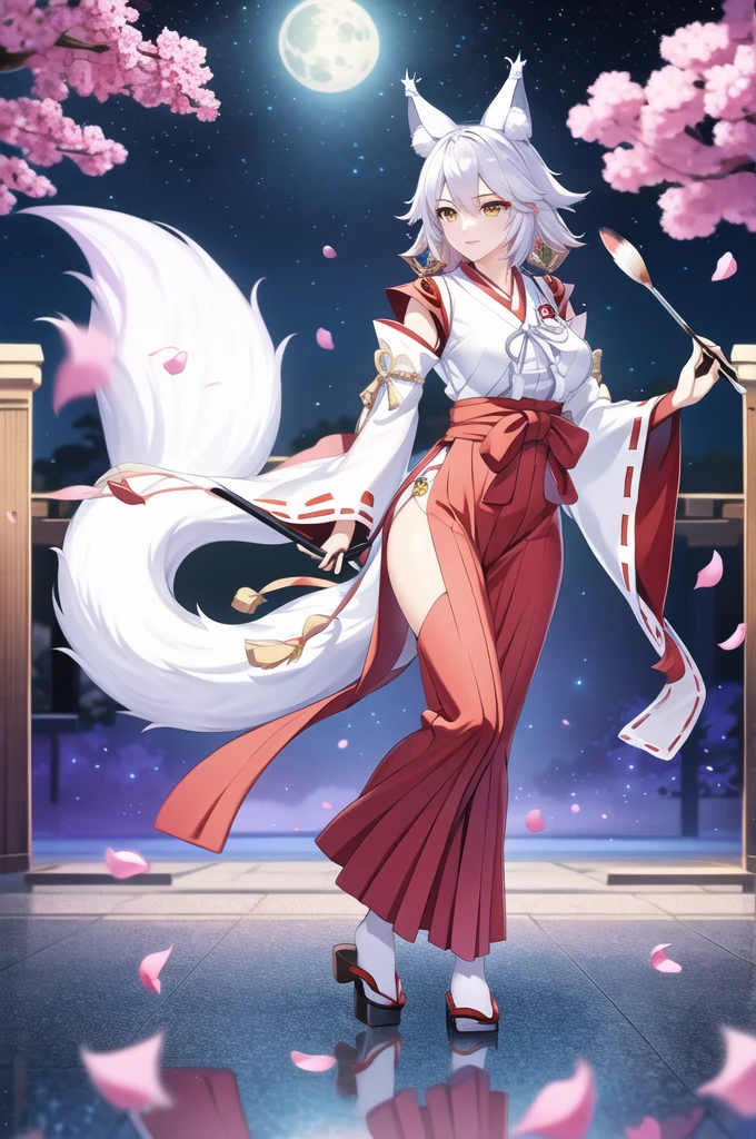 (masterpiece:1,2),best quality,masterpiece,highres,original,extremely detailed wallpaper,perfect lighting,(extremely detailed CG:1.2),drawing,paintbrush,
1girl,animal ears,tail,solo,japanese clothes,fox ears,fox tail,gold eyes,looking at viewer,
 miko, ribbon-trimmed sleeves, side slit, hakama skirt,
outdoors,cherry blossoms,(night sky:1.1),full moon,petals,star (sky),(cloud:1.1),
female kitsune, fox face, black fur, gold tips, gold eyes, long black hair, tall, beautiful, mature features, dress