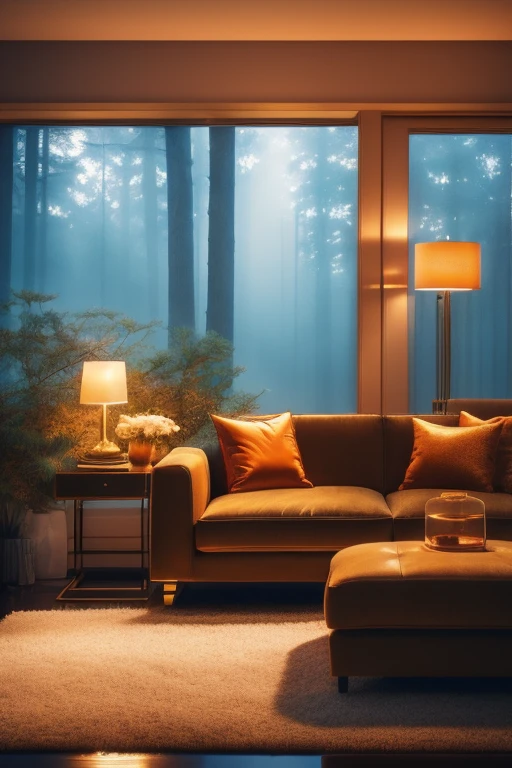 a dreamy luxurious living room, autumn, orange interior, golden hour, misty, foggy, hazy, wide shot, 80s aesthetic, detailed lighting, soft textures, pastel colors, cinematic atmosphere, photorealistic, 4k, high resolution, masterpiece, outdoor autumn forest scenery