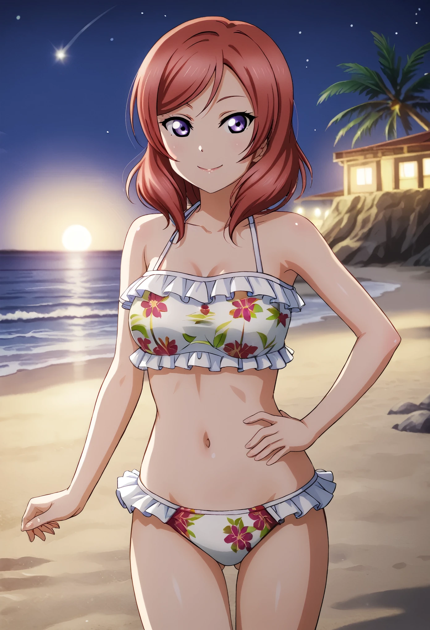 1girl, nishikino maki, purple eyes, cowboy shot ,love live , night , detailed breasts , detailed body, shiny skin, white frilly crop top, floral print,bare shoulders, bikini bottom, beach, detailed stomach,smile