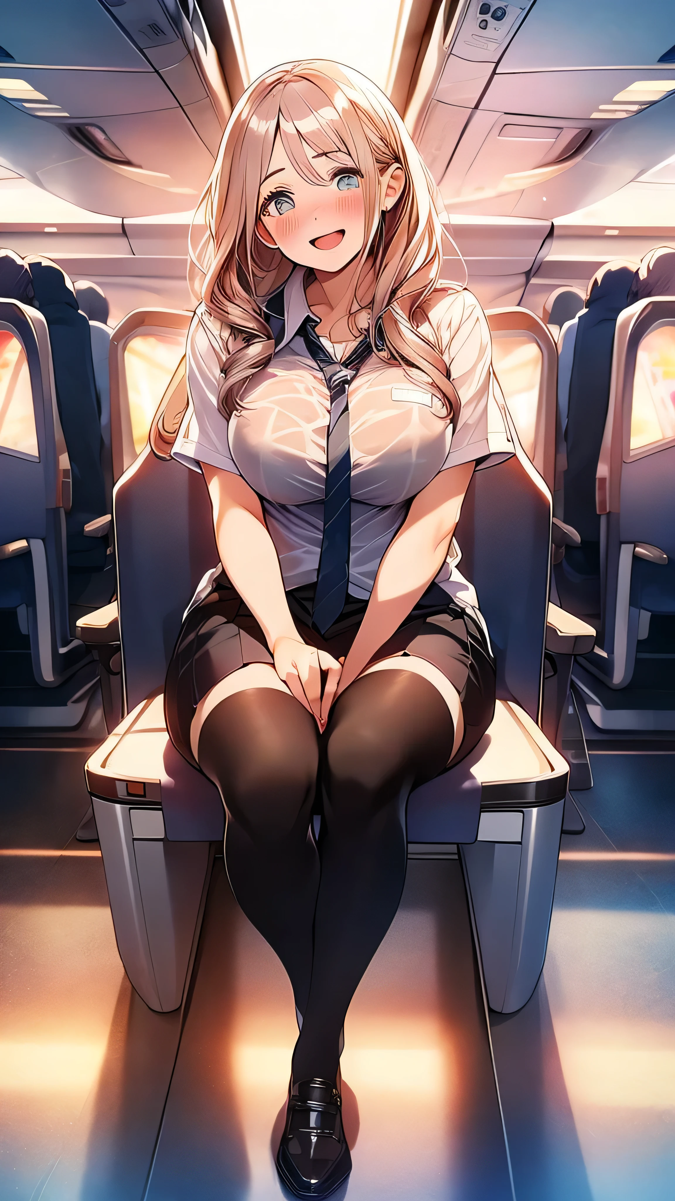 { 1girl, (sitting on airplane cabin seat), (spread legs, leg lift), (hand on crotch) }, { (masterpiece:1.2), (best quality:1.8), (photo realistic:1.6), (8K resolution:1.6), (chiaroscuro:0) }, { beautiful 20yo, (blue eyes:0), (blushed face:1.3),(weeping:0),(eyes rolled up:1.3),(seductive smile:1.1),(tongue out:0),(open mouth), (long straight hair:0), (huge breasts) }, { ((flight attendant uniform)), black stocking, pubic hair, ((see-through)) highcut panty, (camel toe) }