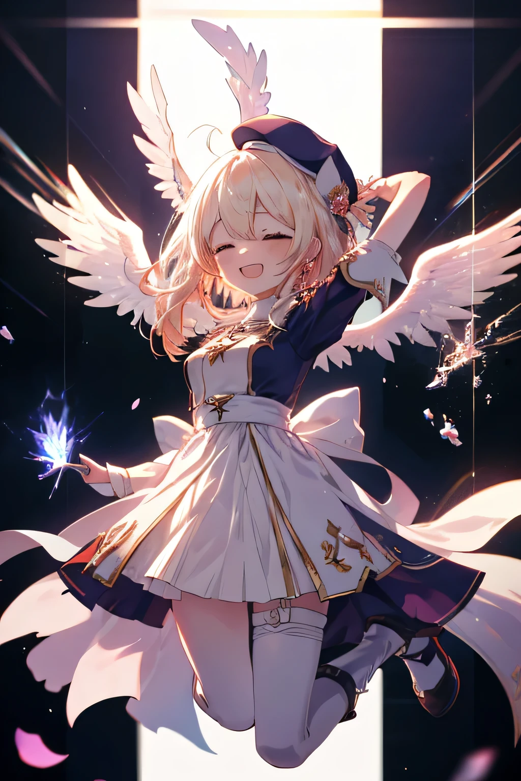 Girl smiling(Showing the teeth)  and closing my eyes, dentro de un MMORPG, jumping for joy ,  unknown background(MMORPG), complete anatomy, white beret, angel wings, 3D,  ornament of an accessory shaped like a flower on the head, aura, graphic effects, first person, derision