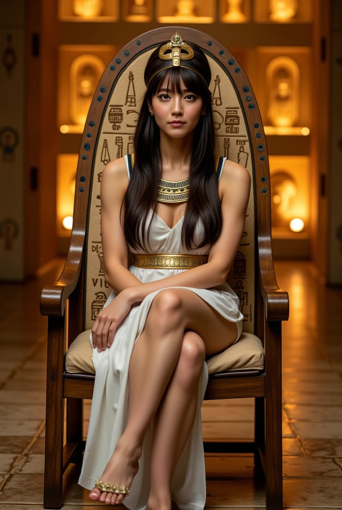 A beautiful woman dressed in a pharaoh's costume, sitting gracefully on a throne with her legs crossed. The throne is decorated with ancient Egyptian motifs, with hieroglyphics and warm golden lights in the background. The woman wears impressive makeup and a regal headdress, embodying the pharaoh's power and grace. , full body