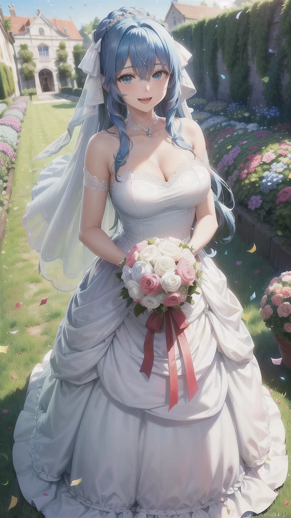 ((((masterpiece, best quality, Liselotte Cretia, 1girl, blue hair, (long hair, hair between eyes, hair ribbon), blue eyes, looking at viewer, large breasts, wedding dress, standing, garden, confetti, holding bouquet, smile, open mouth