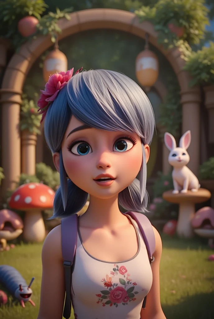 a whimsical fantasy scene, a young girl with long blonde hair, large curious eyes, detailed facial features, surrounded by magical mythical creatures, a white rabbit, a caterpillar on a mushroom, a cheshire cat grinning, a mad hatter, vibrant colors, lush greenery, surreal dreamlike atmosphere, (best quality,8k,highres,masterpiece:1.2),ultra-detailed,(realistic,photorealistic,photo-realistic:1.37),intricate details,digital painting,cinematic lighting,fantasy art