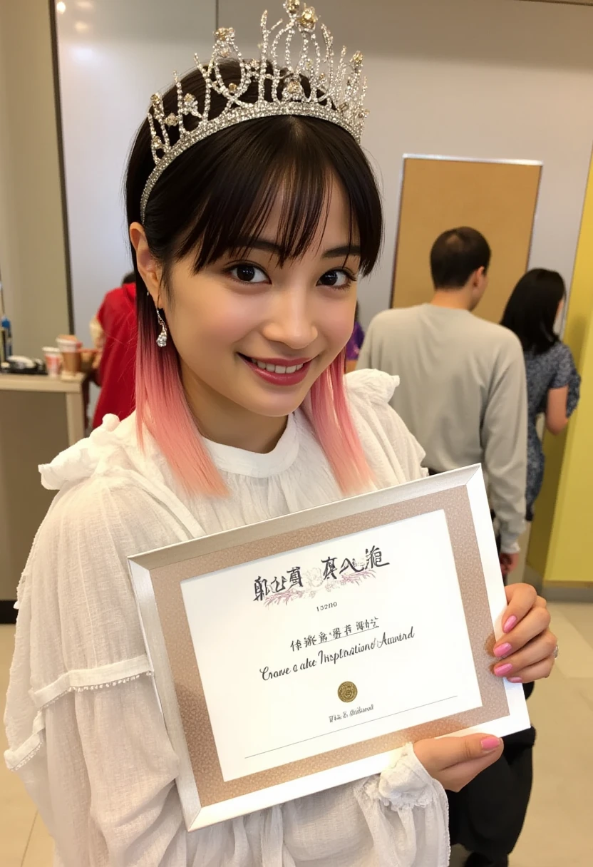 One girl, gal,makeup,seductive smile,portrait photo,(Holding a certificate that reads “Creative Inspiration Award”).,looking at viewer,(gold, pink hair, two-tone hair),long hair,Tiara,Gorgeous dresses, gorgeous jewelry,jewelry,earrings,nail polish,pink nails,
best quality,masterpiece,photorealistic,A celebrity Standing on the red carpet in a hall full of paparazzi