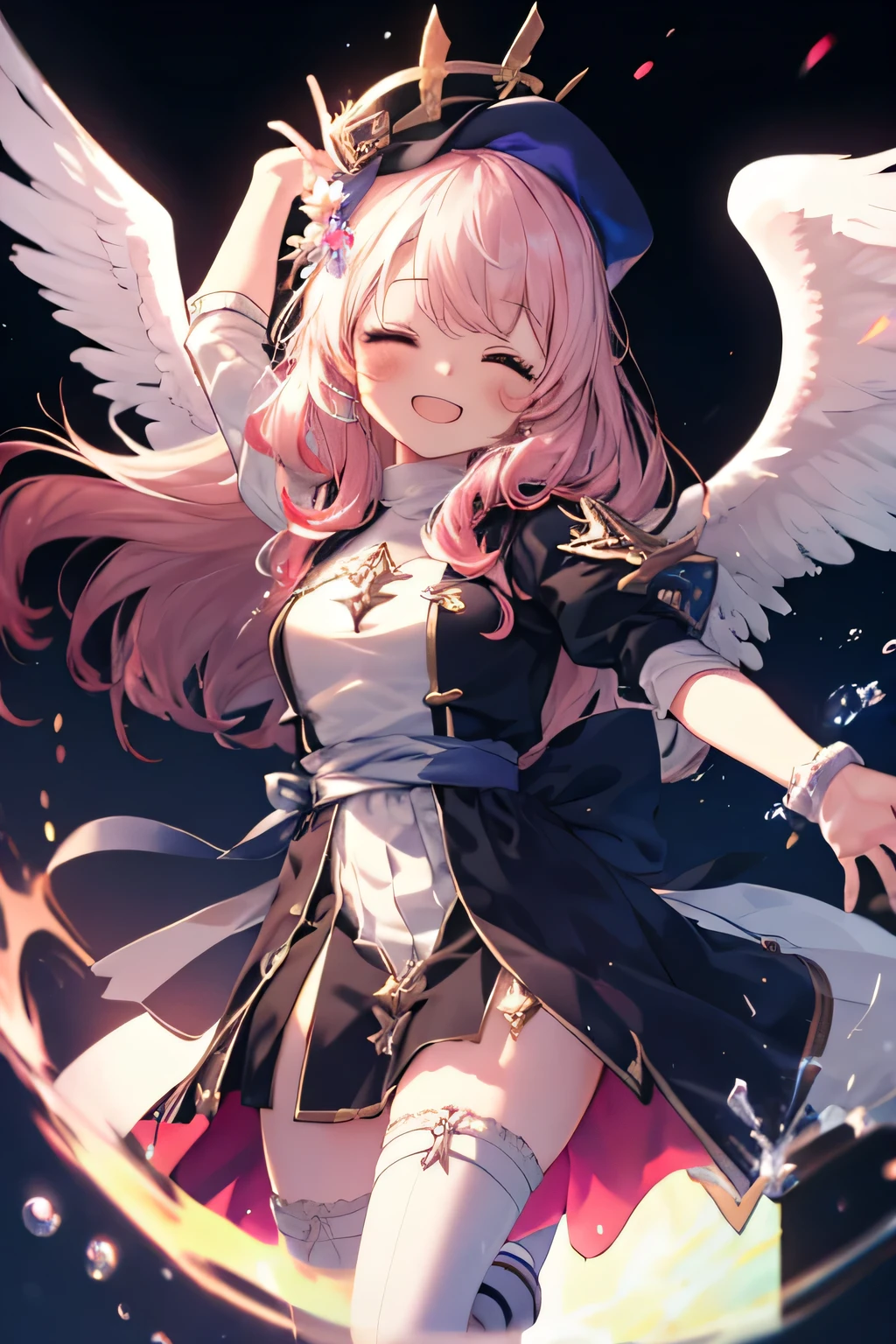 Girl smiling(Showing the teeth)  and closing my eyes, dentro de un MMORPG, jumping for joy ,  unknown background(MMORPG), complete anatomy, white beret, angel wings, 3D,  ornament of an accessory shaped like a flower on the head, aura, graphic effects, first person, derision