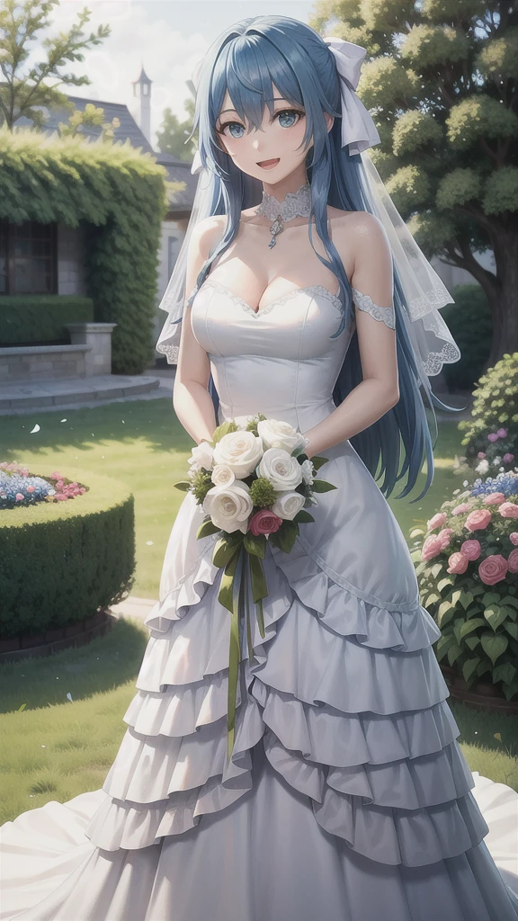 masterpiece, best quality, liselottecretia, 1girl, blue hair, (long hair, hair between eyes, hair ribbon), blue eyes, looking at viewer, large breasts, wedding dress, standing, garden, confetti, holding bouquet, smile, open mouth