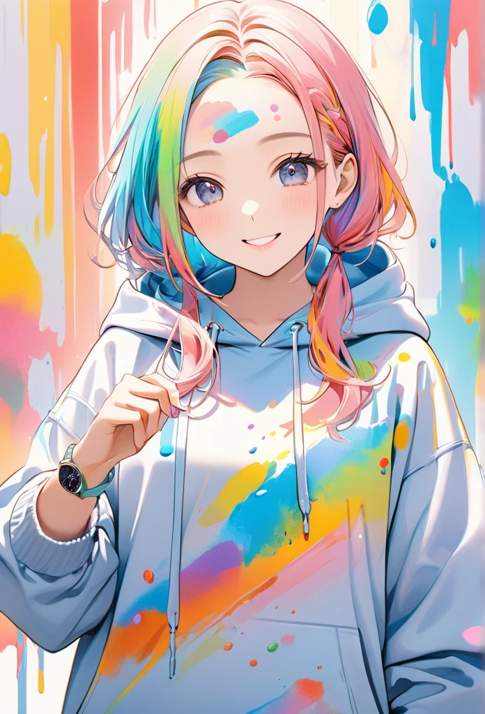 pastel, 1 woman,smile, hoodie ,Stained with paint ,Colorful paint,The background is white, Put some paint on your forehead , like drawing a picture with a brush,masterpiece,Best Quality,Exquisite,8k, absurd, super detailed illustration ,(Watch the audience)