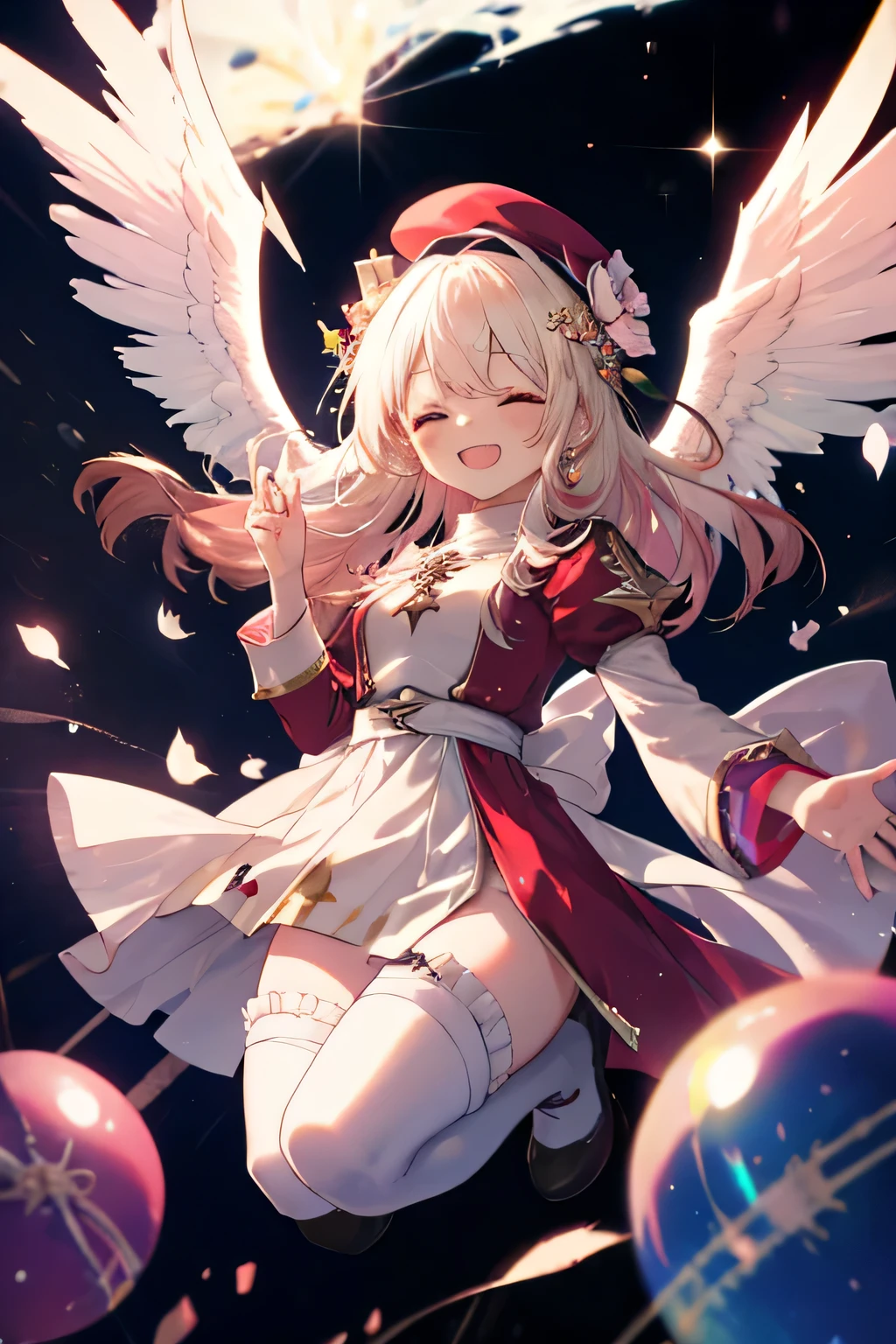 Girl smiling(Showing the teeth)  and closing my eyes, dentro de un MMORPG, jumping for joy ,  unknown background(MMORPG), complete anatomy, white beret, angel wings, 3D,  ornament of an accessory shaped like a flower on the head, aura, graphic effects, first person, derision