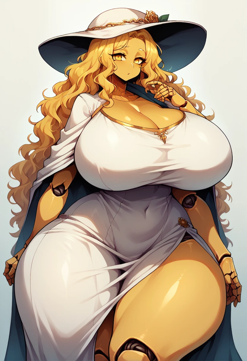 Ranni, 1girl, wavy hair, female fox, gold skin,wide hips,thick thighs,huge breasts, gold skin, extra arms, extra faces, doll, joints, doll joints, white dress, hat, cloak, extra arms, gold hair, wavy hair, glowing yellow eyes, perfect anatomy, solo