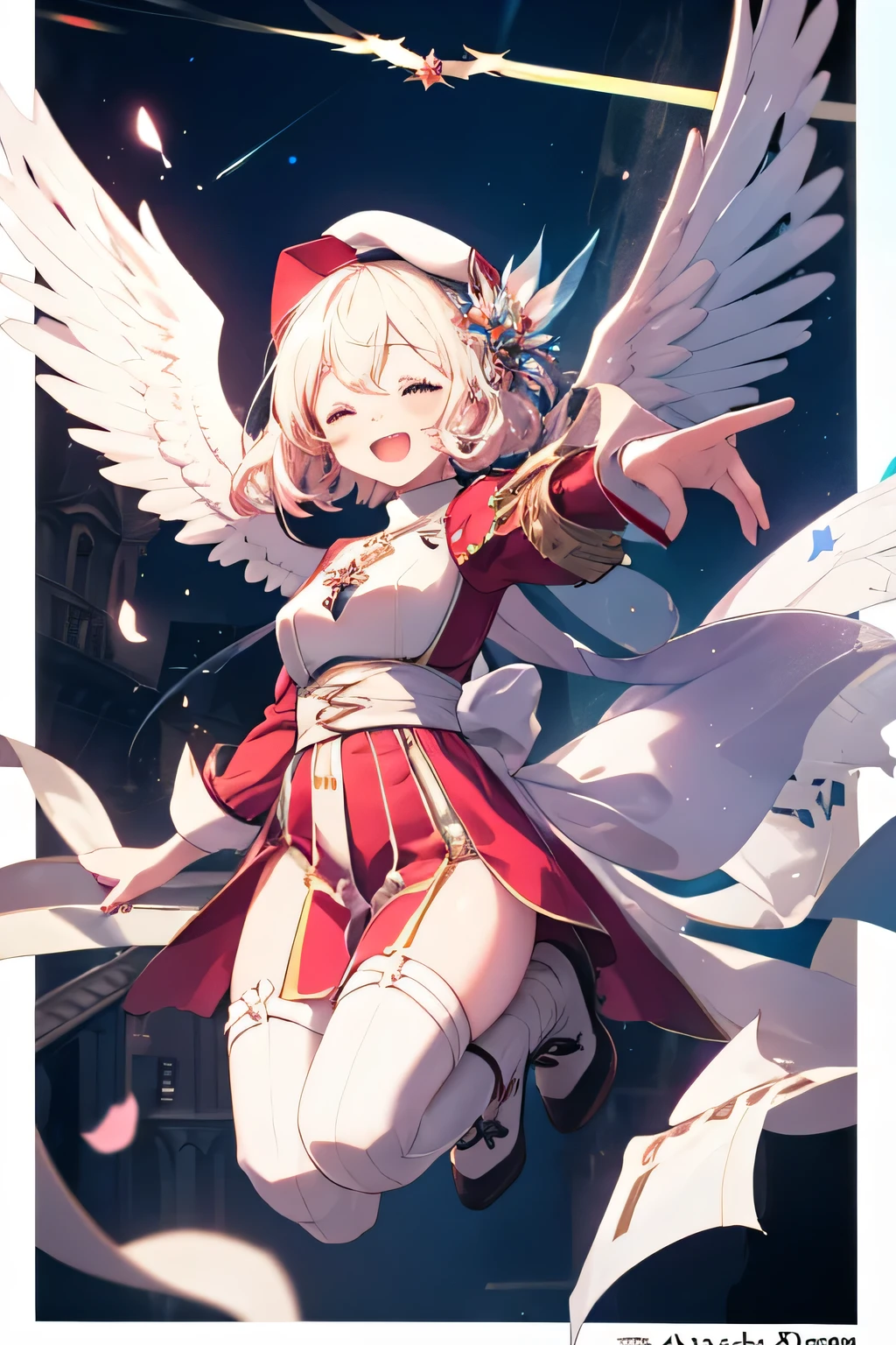 Girl smiling(Showing the teeth)  and closing my eyes, dentro de un MMORPG, jumping for joy ,  unknown background(MMORPG), complete anatomy, white beret, angel wings, 3D,  ornament of an accessory shaped like a flower on the head, aura, graphic effects, first person, derision