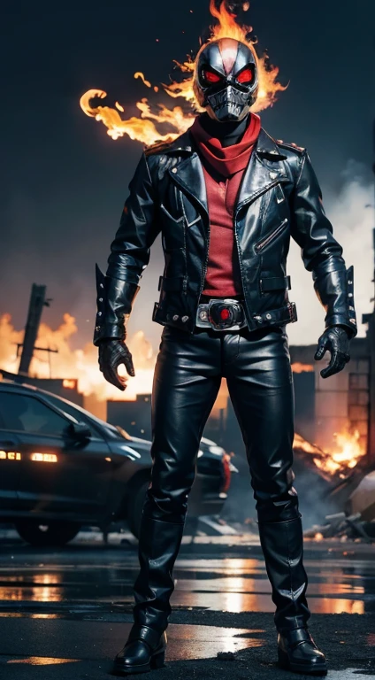 ((kamen rider, shinkr, ghostrider, wearing leather jacket, leather pants)), (burning head), mecha, (standing), full body detailed, detailed hands, good fingers, good hands, good legs, red scarf, low hood, ((epic burning city)), ruins, floating, explosion, debris, some fire and glitter background, ultra hd, ultra realistic texture, (flare lens:1.2), (long shot:0.9)