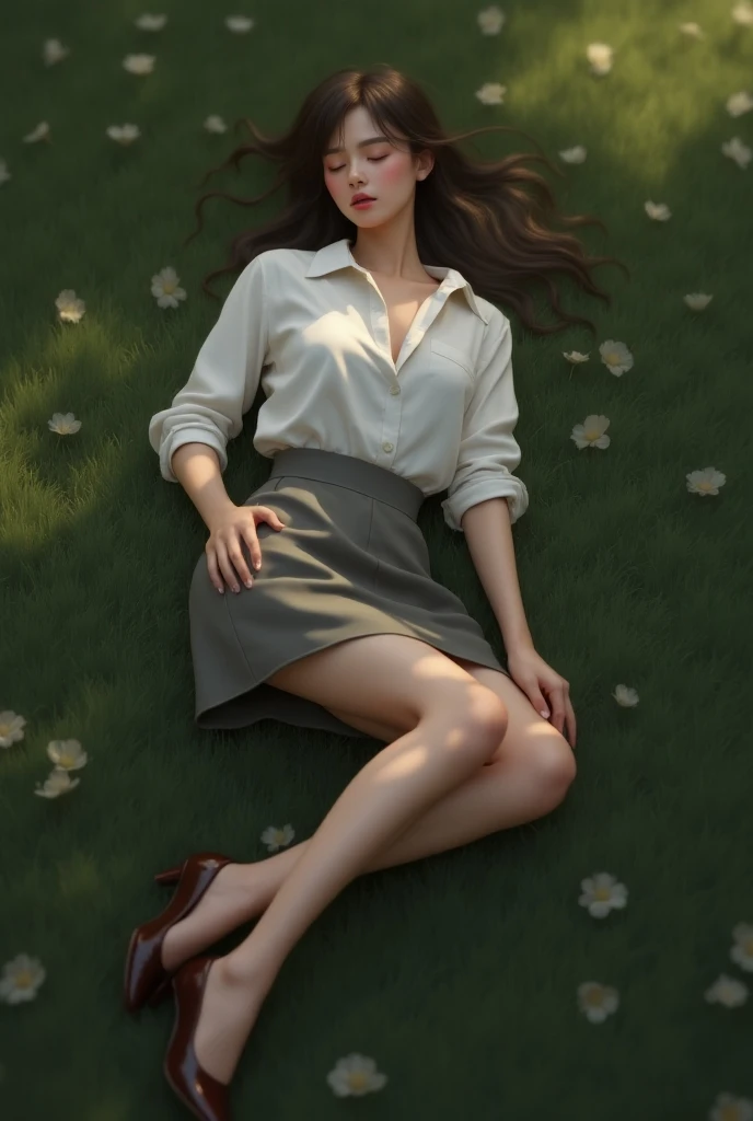 ((masterpiece, Best quality, a high resolution, ultra detailed),(beautiful and aesthetically pleasing:1.2), 1 woman, adult, perfect body, Wavy dark hair, green eyes, high short ponytail, Beautiful, Detailed eyes and face, long oversized shirt, Converse sneakers, golden hour, Field of Flowers, complex parts